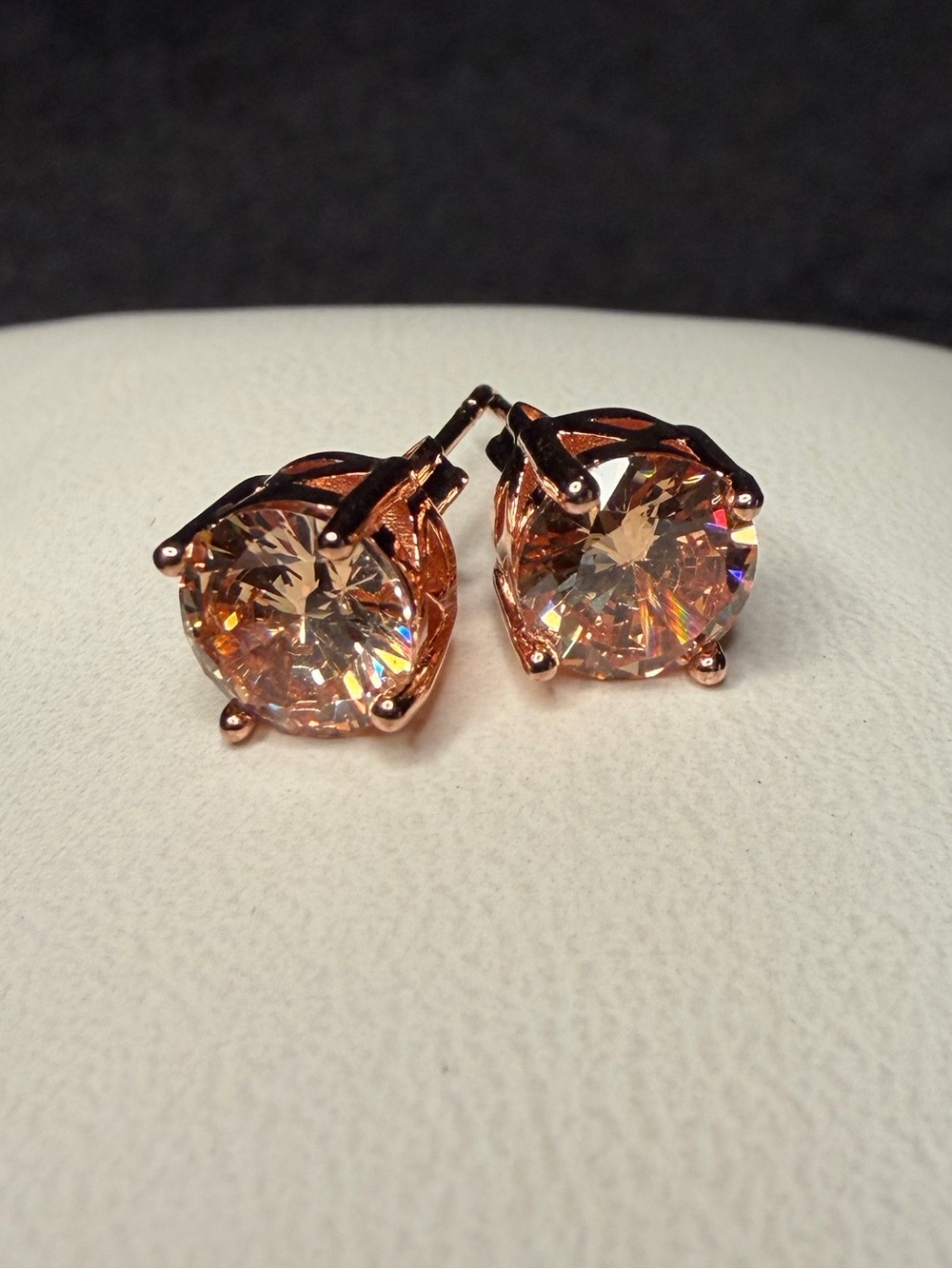 Rose Gold Finish 7mm Round Pink/Peach CZ Prong Stud Earrings Brand New